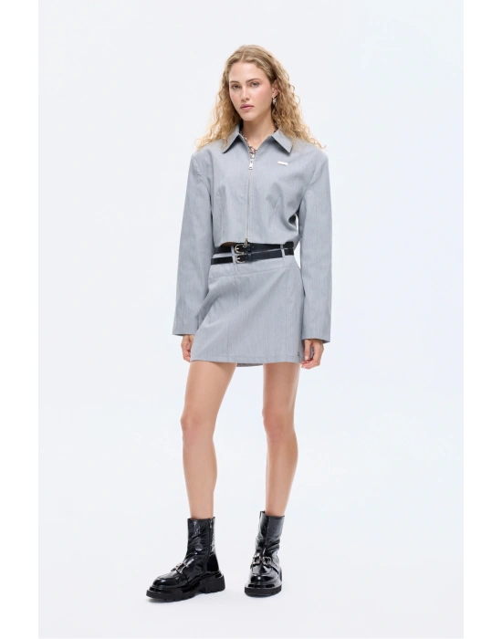 Gömlek Yaka Fermuarlı Kısa Ceket Gri