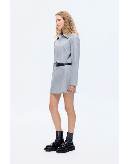 Gömlek Yaka Fermuarlı Kısa Ceket Gri