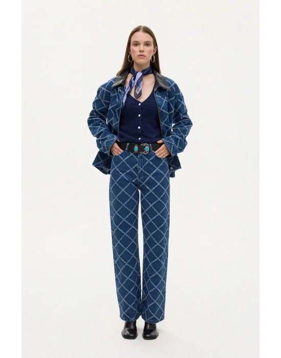 Baklava Desenli Yüksek Bel Bol Paça Kot Pantolon Mavi