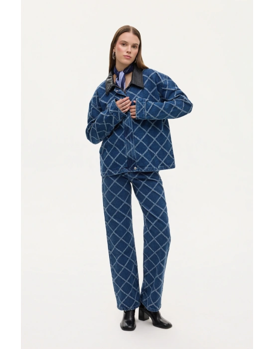 Baklava Desenli Yüksek Bel Bol Paça Kot Pantolon Mavi