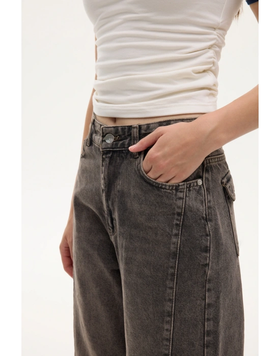 Vintage Yıkamalı Bol Paça Kot Pantolon Kahverengi