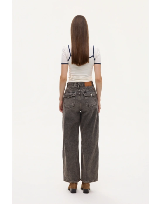 Vintage Yıkamalı Bol Paça Kot Pantolon Kahverengi