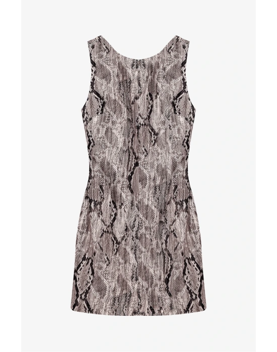 Yılan Desenli Kolsuz Mini Elbise Kahverengi