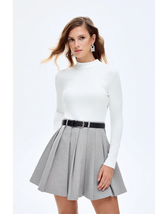 Kombine Kemerli Pileli Mini Elbise Ekru