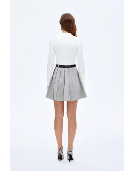 Kombine Kemerli Pileli Mini Elbise Ekru