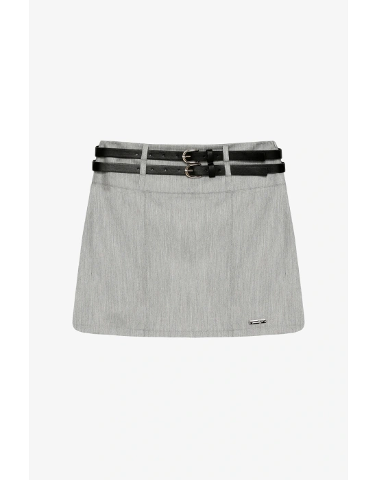 Çift Kemerli Metal Etiket Detaylı Mini Etek Gri