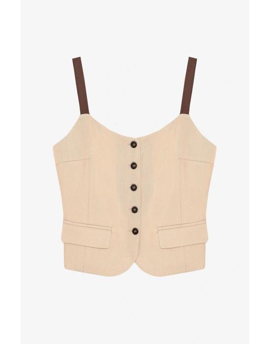 Kontrast Askılı Düğmeli Cep Detaylı Bluz Bej