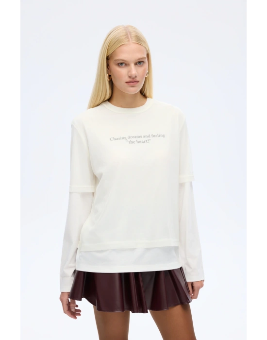 Tül Tişört Garnili Oversize Sweatshirt Ekru