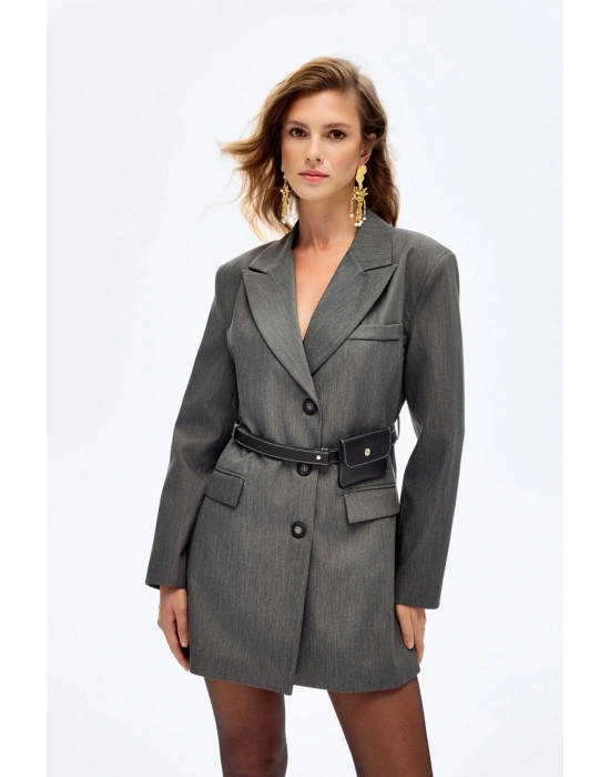 Kemer Çantalı Ceket Kadın Elbise Elb00929 Gri