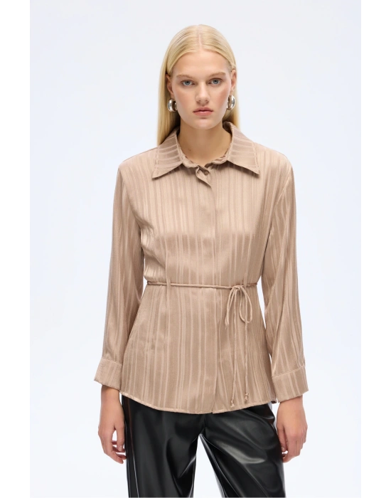 Parlak Dokulu Çizgili Belden Bağlamalı Gömlek Vizon