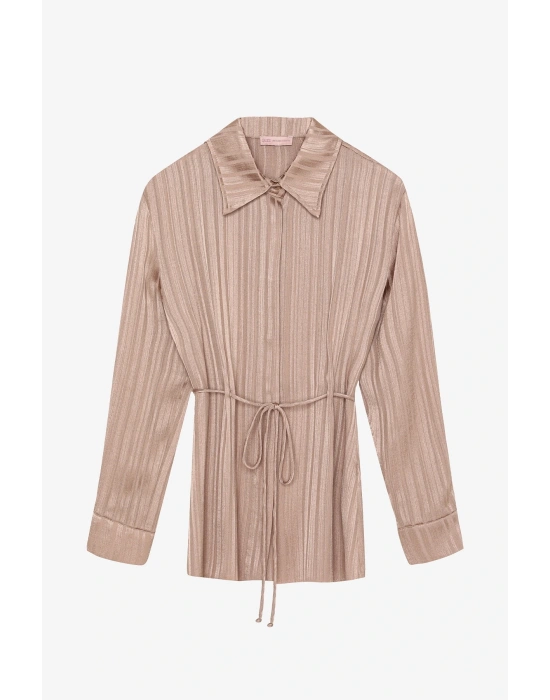 Parlak Dokulu Çizgili Belden Bağlamalı Gömlek Vizon