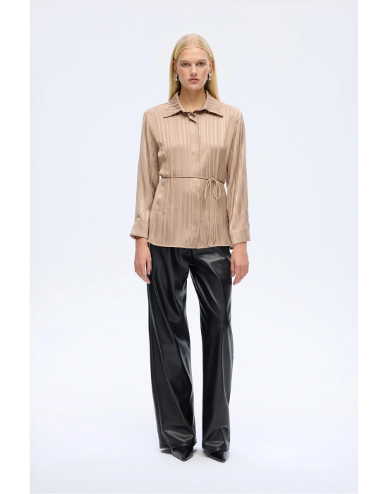 Parlak Dokulu Çizgili Belden Bağlamalı Gömlek Vizon