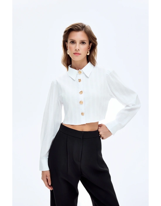 Gold Düğmeli Crop Gömlek Beyaz