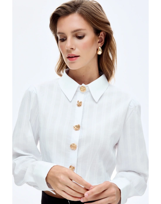 Gold Düğmeli Crop Gömlek Beyaz