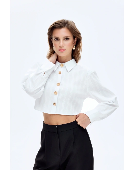 Gold Düğmeli Crop Gömlek Beyaz
