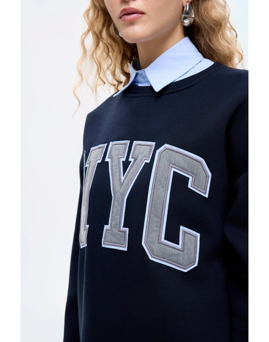 Gömlek Yakalı Nakış Detaylı Oversize Sweatshirt Lacivert