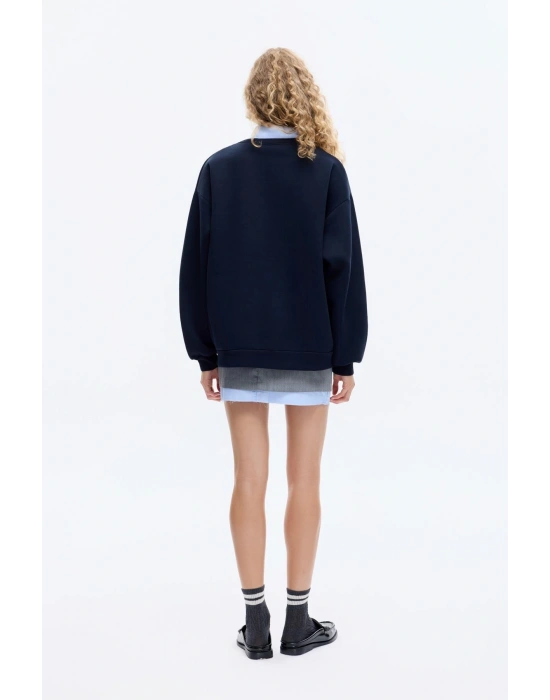 Gömlek Yakalı Nakış Detaylı Oversize Sweatshirt Lacivert