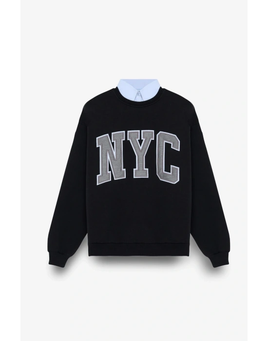 Gömlek Yakalı Nakış Detaylı Oversize Sweatshirt Lacivert