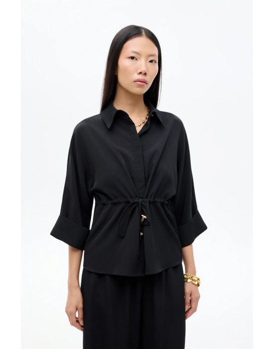 Beli Bağcıklı Manşet Kol Gömlek Siyah