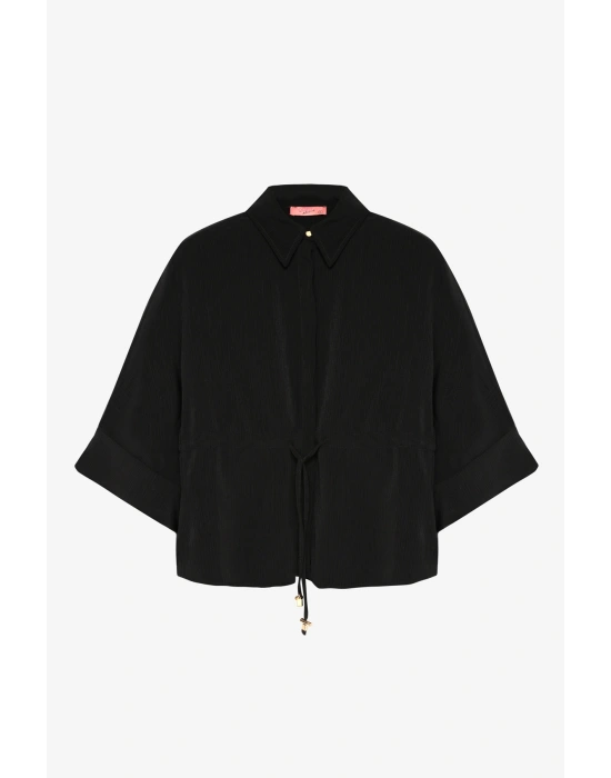 Beli Bağcıklı Manşet Kol Gömlek Siyah