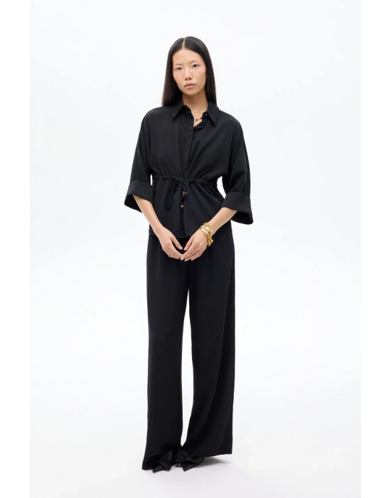 Beli Bağcıklı Manşet Kol Gömlek Siyah