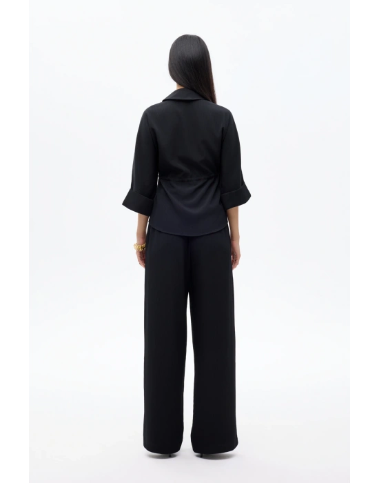 Beli Bağcıklı Manşet Kol Gömlek Siyah