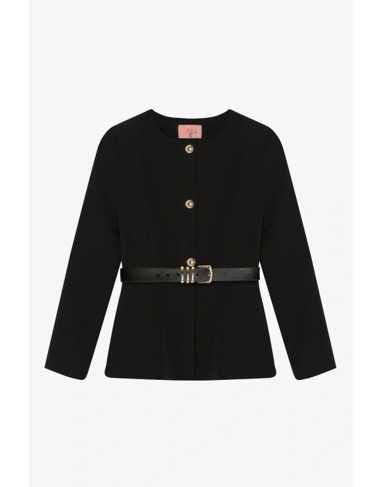 Kemer Aksesuarlı Yuvarlak Yaka Ceket Siyah