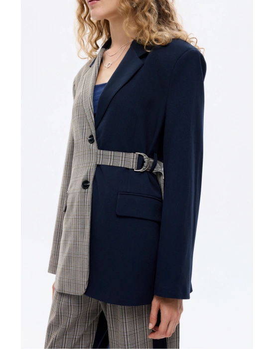 Ekose Garnili Kuşak Detaylı Oversize Blazer Ceket Lacivert