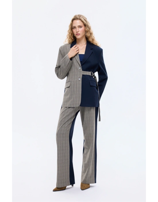 Ekose Garnili Kuşak Detaylı Oversize Blazer Ceket Lacivert