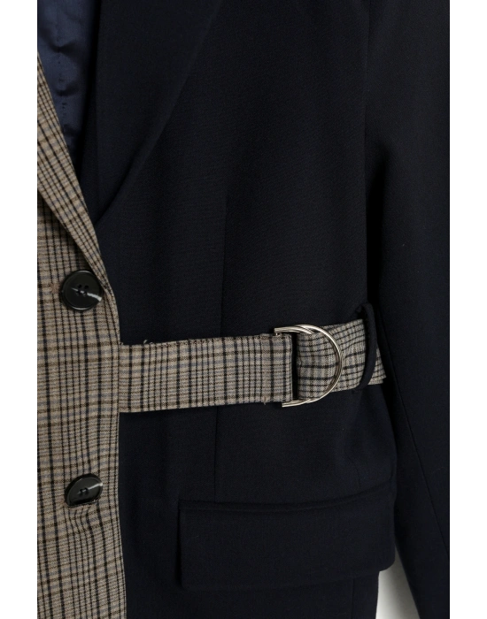 Ekose Garnili Kuşak Detaylı Oversize Blazer Ceket Lacivert