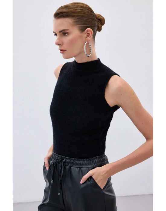 Sıfır Kol Sakallı Triko Bluz Siyah