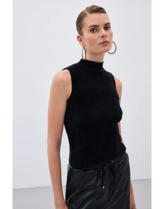 Sıfır Kol Sakallı Triko Bluz Siyah