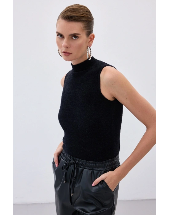 Sıfır Kol Sakallı Triko Bluz Siyah