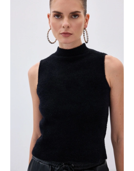 Sıfır Kol Sakallı Triko Bluz Siyah