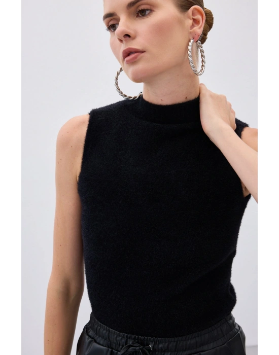 Sıfır Kol Sakallı Triko Bluz Siyah