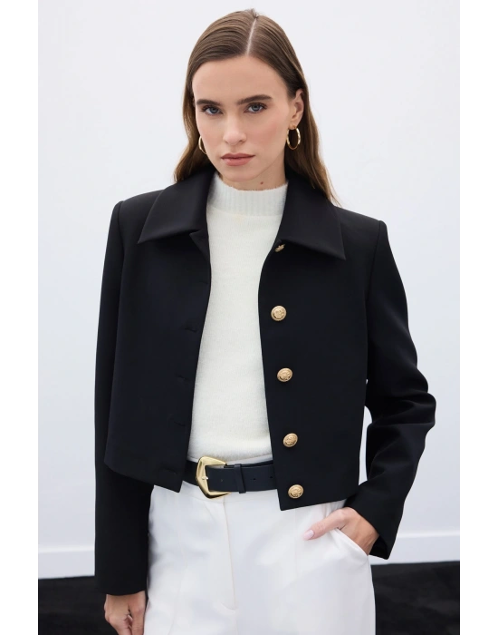 Düğmeli Kısa Ceket - Siyah