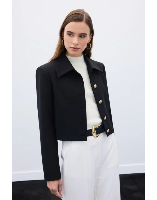 Düğmeli Kısa Ceket - Siyah