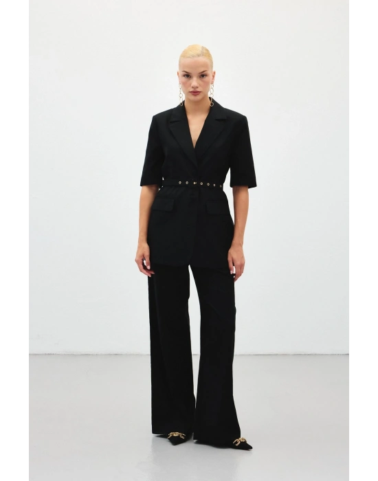 Bol Paça Keten Pantolon - Siyah