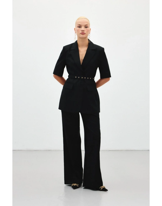 Bol Paça Keten Pantolon - Siyah