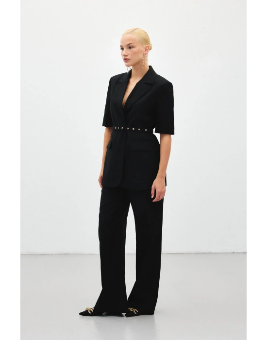 Bol Paça Keten Pantolon - Siyah