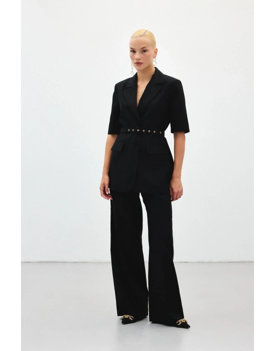 Bol Paça Keten Pantolon - Siyah