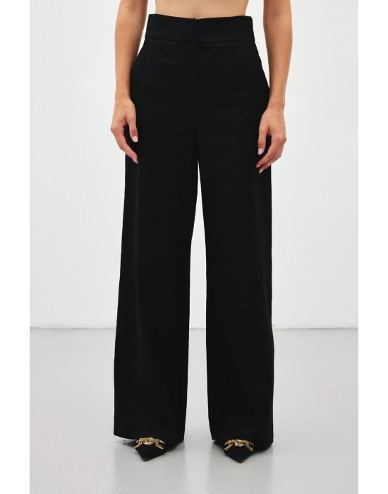 Bol Paça Keten Pantolon - Siyah