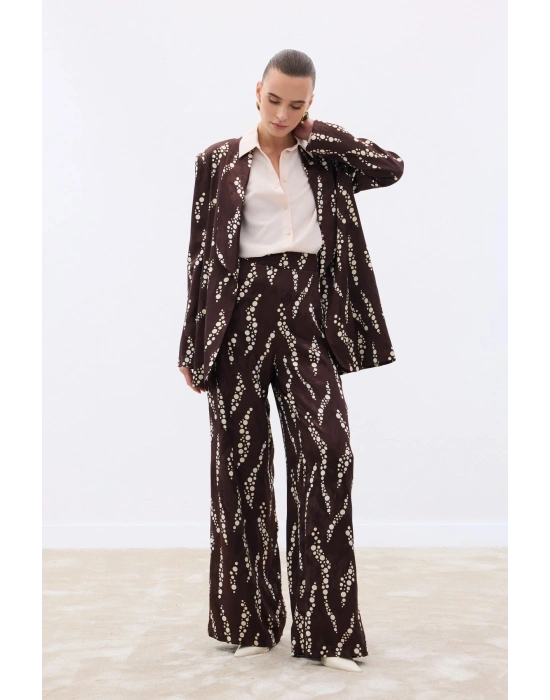 Desenli Bol Paça Pantolon - Kahve