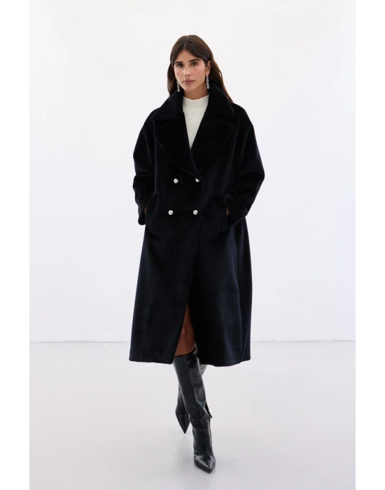 Düğme Detaylı Uzun Kaban - Siyah