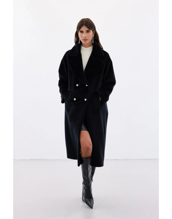 Düğme Detaylı Uzun Kaban - Siyah