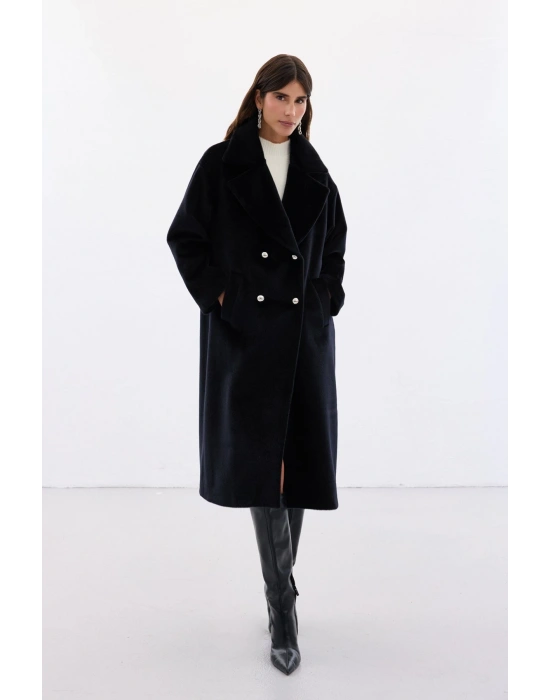 Düğme Detaylı Uzun Kaban - Siyah