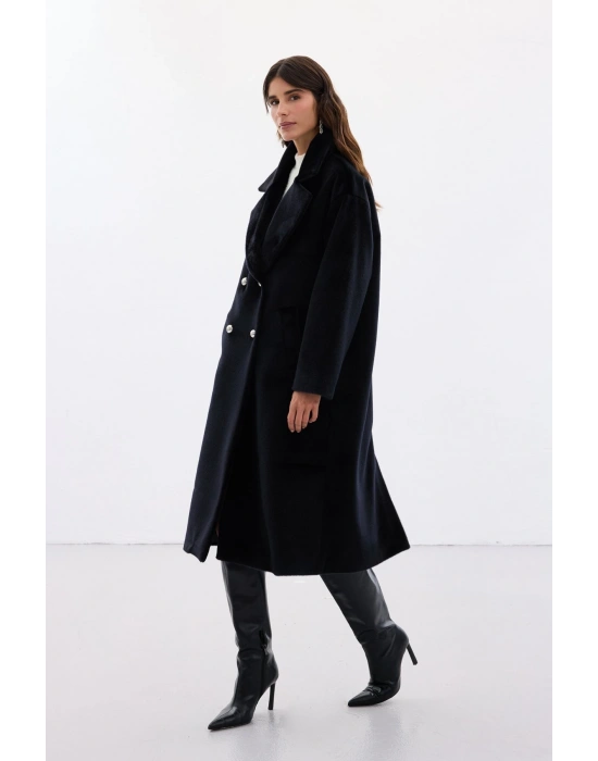 Düğme Detaylı Uzun Kaban - Siyah