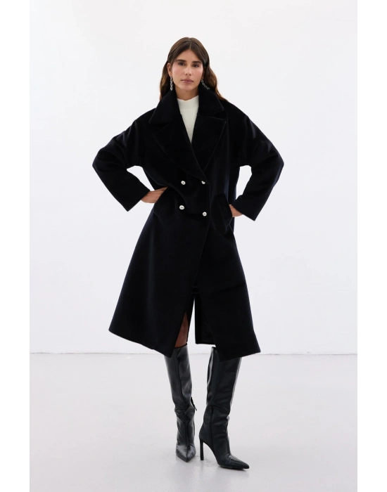 Düğme Detaylı Uzun Kaban - Siyah