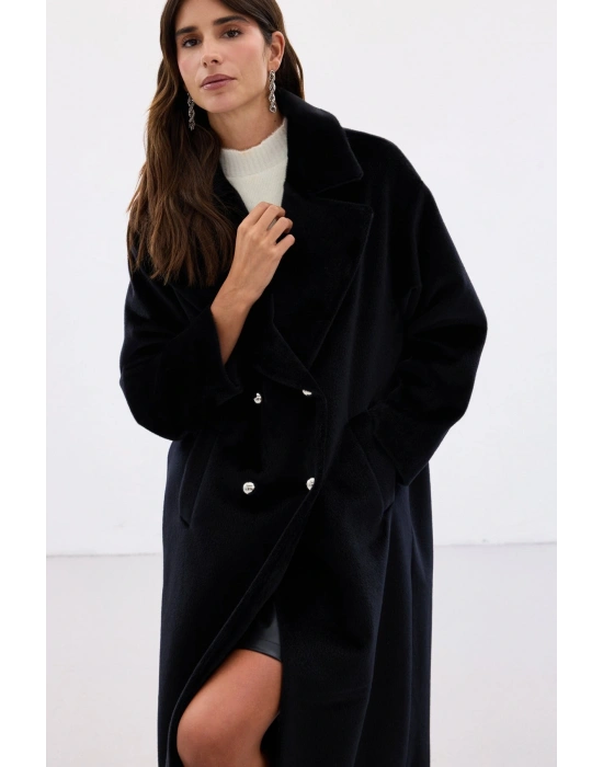 Düğme Detaylı Uzun Kaban - Siyah