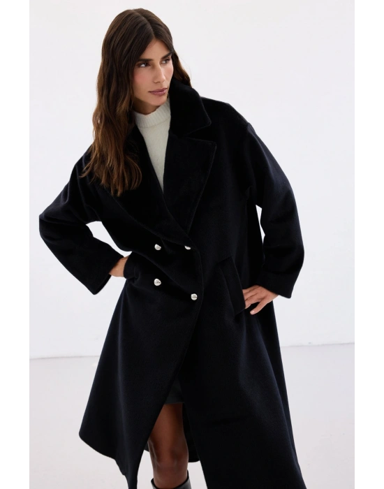 Düğme Detaylı Uzun Kaban - Siyah